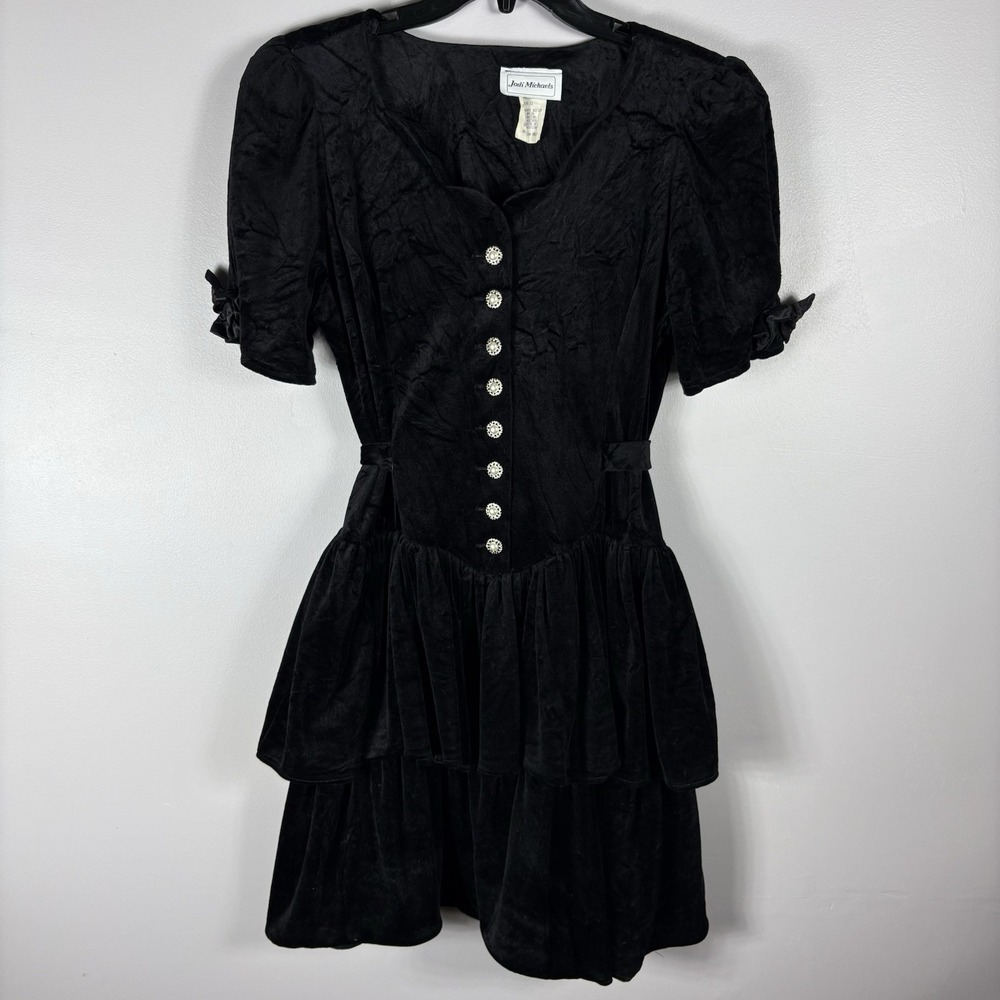 Jodi Michaels 13 Black Velvet Faux Pearl Button Layered Ruffle Belted Dress VTG
